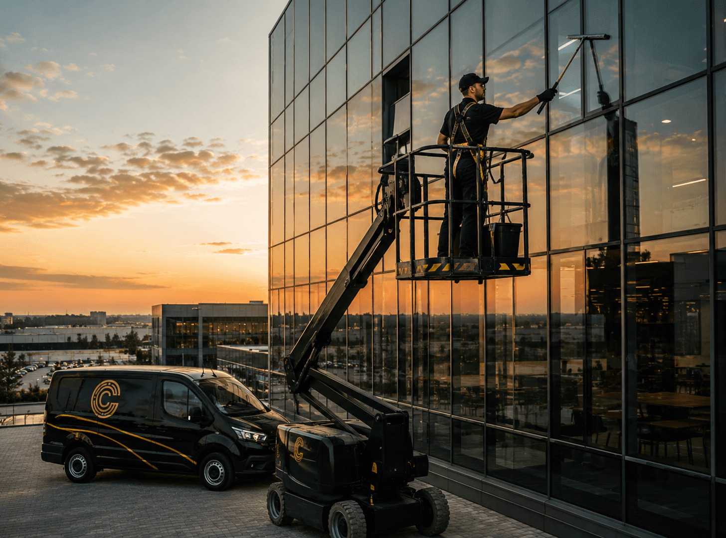 Pulizia vetrate in altezza con piattaforma elevatrice a Melfi